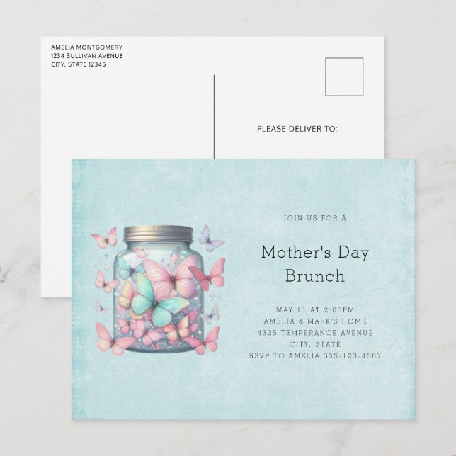 Cartão Postal De Convite Whimsical Butterflies in a Jar Mother's Day Brunch (Frente/Verso)
