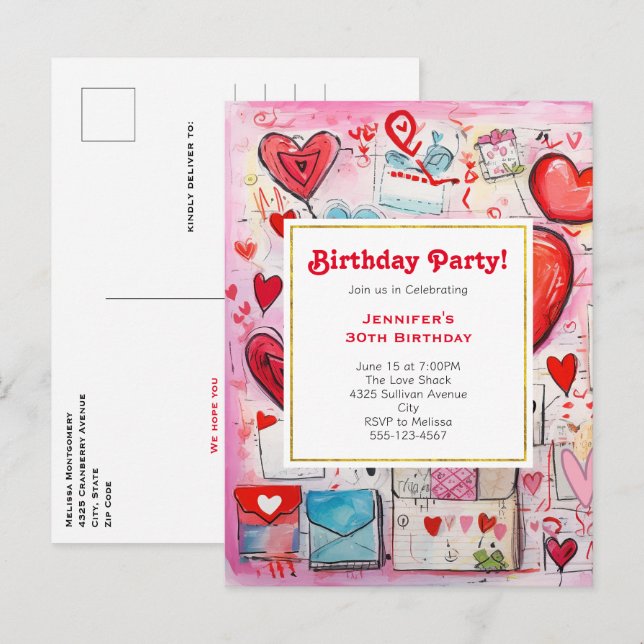 Cartão Postal De Convite Whimsical Hearts and Love Letters Birthday Invite (Frente/Verso)