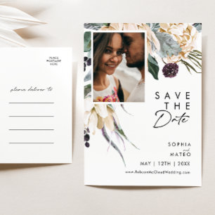 Cartão Postal De Convite White Floral Script Photo Save The Date Postcard