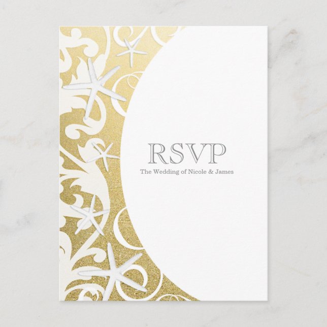Cartão Postal De Convite White Starfish Dourado Beach Elegant Weding RSVP (Frente)