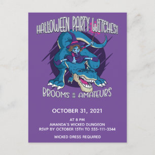 Cartão Postal De Convite Wicked Witch On T-Rex Illustration Halloween Party