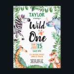 Cartão Postal De Convite Wild One Safari Animal Kids primeiro aniversario<br><div class="desc">Convite Pós-Cartão De primeiro aniversario Selvagem Para Crianças Animais Safari. Zebra,  rinoceronte,  girafa e merkats com folhas em um tema safari. Advertências para aniversários de criança de coisas selvagens para uma festa selvagem de safari. www.SamAnnDesigns.com</div>