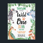 Cartão Postal De Convite Wild One Safari Animal Kids primeiro aniversario<br><div class="desc">Convite Pós-Cartão De primeiro aniversario Selvagem Para Crianças Animais Safari. Zebra,  rinoceronte,  girafa e merkats com folhas em um tema safari. Advertências para aniversários de criança de coisas selvagens para uma festa selvagem de safari. www.SamAnnDesigns.com</div>