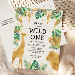 Cartão Postal De Convite Wild One Safari primeiro aniversario Verde Dourado