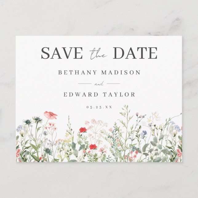 Cartão Postal De Convite Wildflower Weding Save the Date Postcard (Frente)