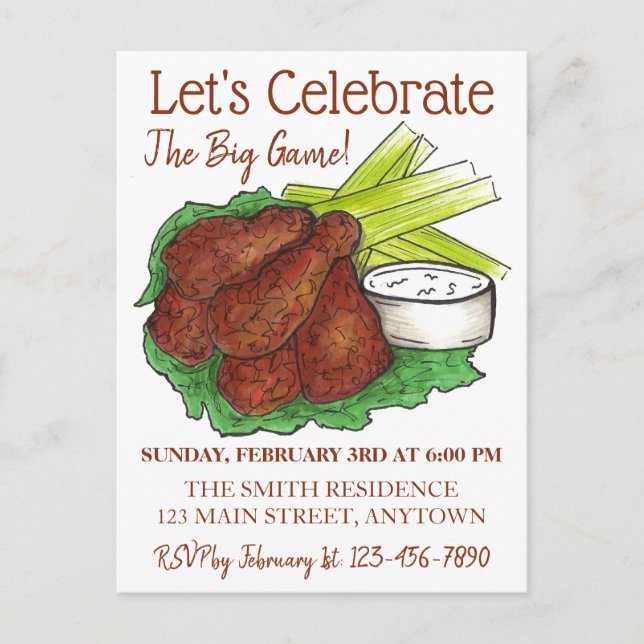 Cartão Postal De Convite Wings celebram o grande partido de futebol america (Frente)