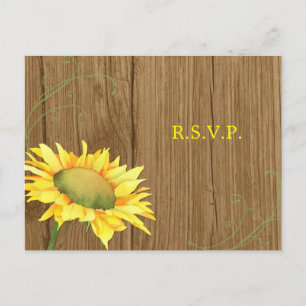 Cartão Postal De Convite Wood Grain Sunflower Weding RSVP