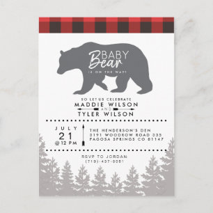 Cartão Postal De Convite Woodland Baby Bear   Chá de fraldas Rustic Lumberj