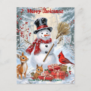 Cartão Postal De Convite Woodland Snowman Natal da família personalizada
