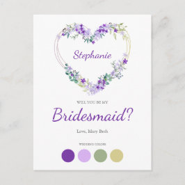 Cartão Postal De Convite Wreath Heart in Purple Shades Bridesmaids Proposal