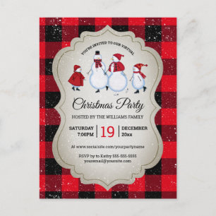 Cartão Postal De Convite Xadrez Red Buffalo do Partido Virtual de Natal Sno