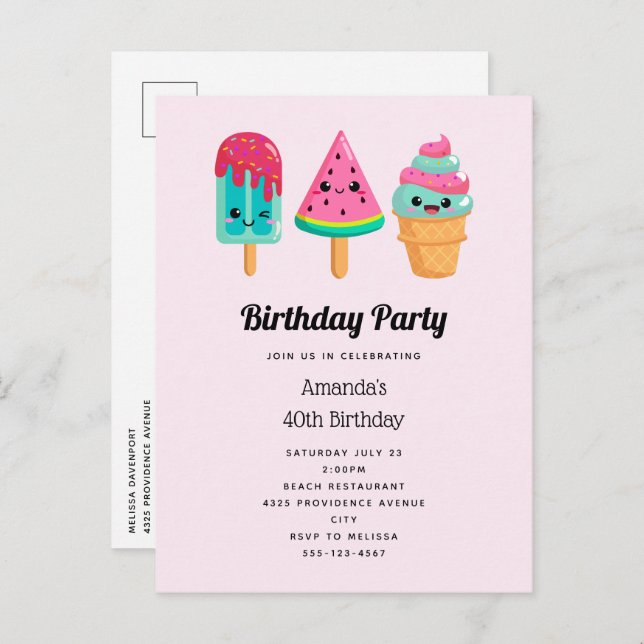 Cartão Postal De Convite Yummy Sorvete Trio Summer Vibe Aniversário (Frente/Verso)