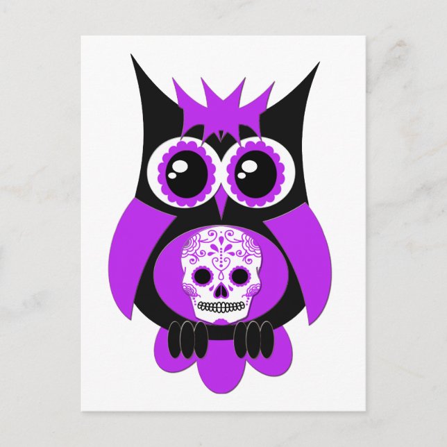 Cartão postal de coruja de caveira de açúcar roxo (Frente)