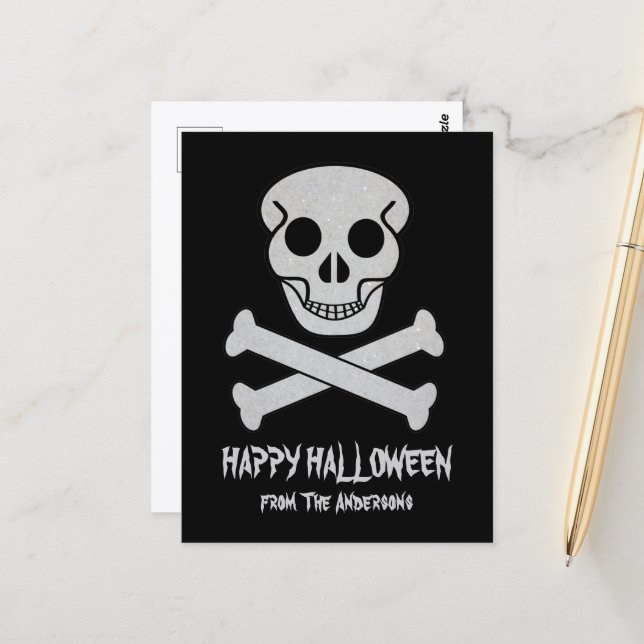 Cartão postal de crânio e ossos de Halloween (Frente/Verso In Situ)