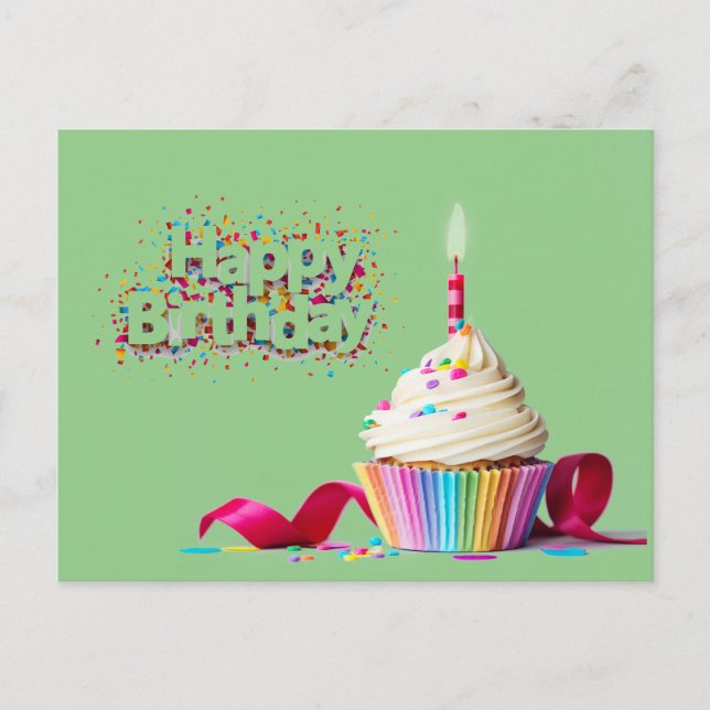 Cartão postal de Cupcake de Aniversário Verde Feli (Frente)