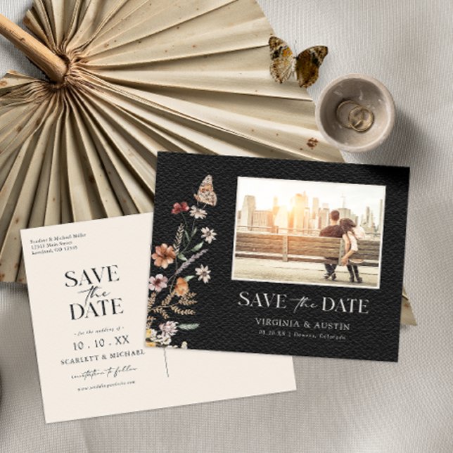 Cartão postal de data de salvar preto foto (Photo Black Boho Floral Save The Date Postcard with Butterfly by Painted Paperie
)