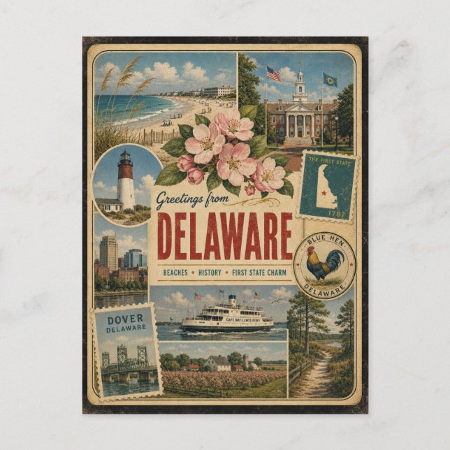Cartão postal de Delaware com estilo vintage autên (Frente)