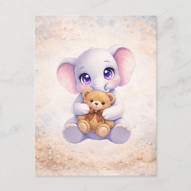 Cartão Postal de Elefante Bebê Fofo Abraçando Urso (Frente)