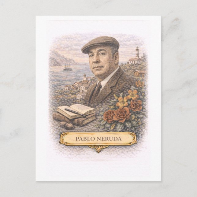 Cartão postal de escritor estilo retrô Pablo Nerud (Frente)