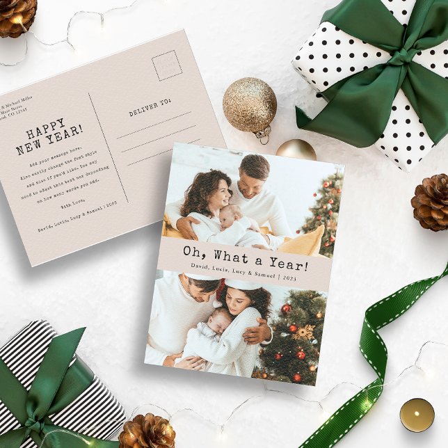 Cartão postal de feriado neutro (Oh, What a Year Christmas Holiday Tan and Black Postcard)