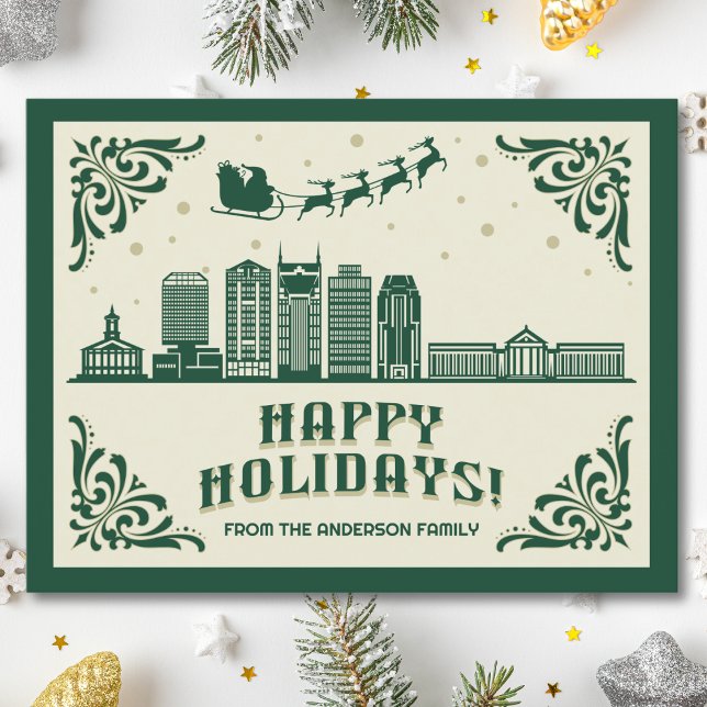 Cartão postal de feriados felizes da TN Skyline (Happy Holidays Nashville, TN skyline cityscape christmas postcard customizable real estate Santa )