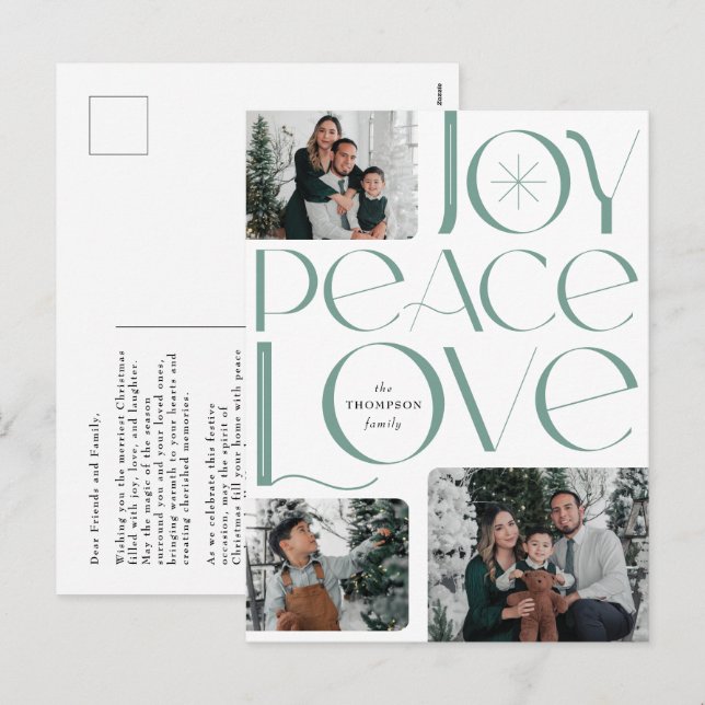 Cartão postal de Férias Joy Peace Love (Frente/Verso)