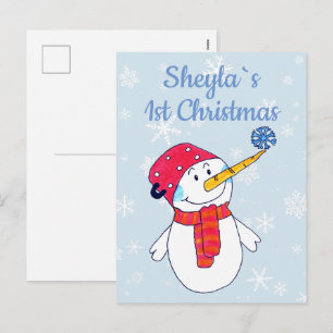 Cartão Postal De Festividades 1º Natal do Bebê Boneco de Neve Floco de Neve Fofo