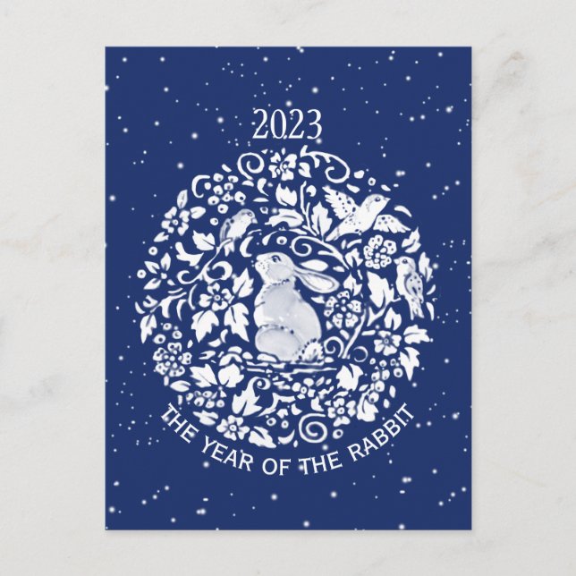 Cartão Postal De Festividades 2023 Ano do Feriado Lunar Branco Azul de Coelho (Frente)