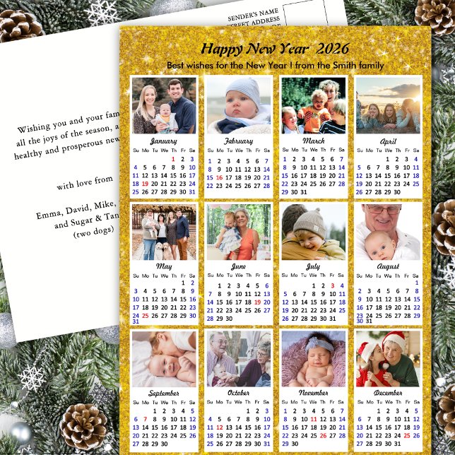 Cartão Postal De Festividades 2026 Calendar Modern Family 12 Foto Dourada Glitte (Criador carregado)