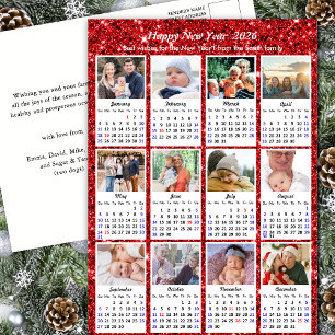 Cartão Postal De Festividades 2026 Calendar Modern Family 12 Photo Red Glitter
