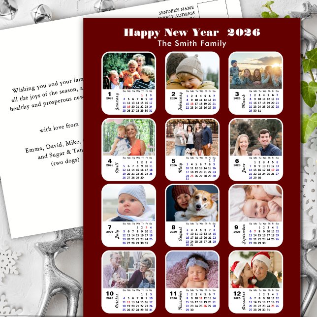 Cartão Postal De Festividades 2026 Calendar Modern Family 12 Photo Red Glitter (Criador carregado)