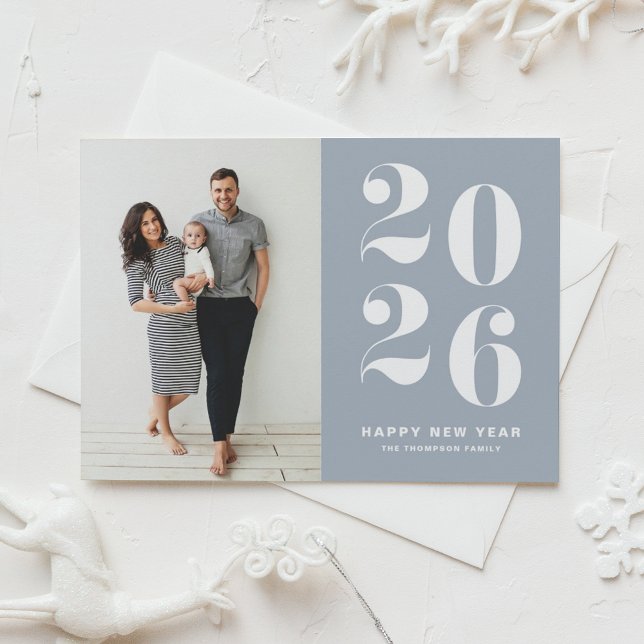 Cartão Postal De Festividades 2026 Dusty Blue Bold Typography New Year Photo (Ring in 2026 with this dusty blue Happy New Year Photo Postcard featuring retro bold typography.)
