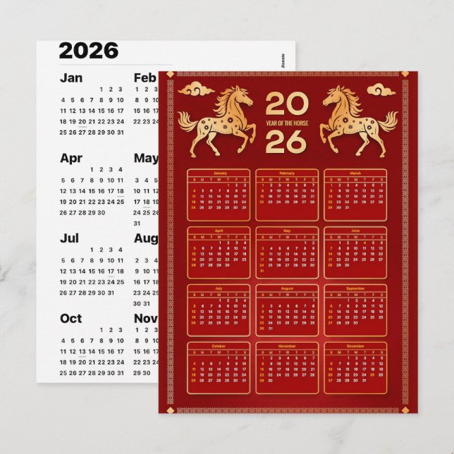 Cartão Postal De Festividades 2026 Year of Horse Chinese Wall Calendar (Frente/Verso)