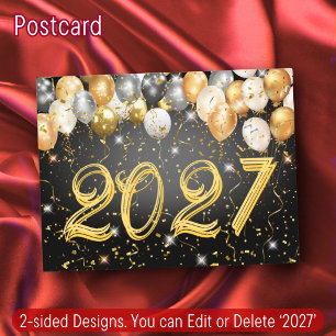 Cartão Postal De Festividades 2027 Balões de Confete Preto e Dourado Ano Novo