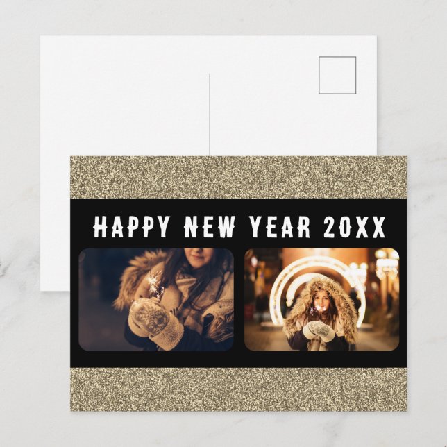 Cartão Postal De Festividades 2 Feliz ano novo Dourado de Colagem de Fotos 2026 (Frente/Verso)