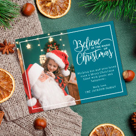 Cartão Postal De Festividades 2 fotos da família teal Acredite na magia do Natal