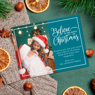 Cartão Postal De Festividades 2 fotos da família teal Acredite na magia do Natal