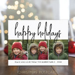 Cartão Postal De Festividades 3 Fotografias Collage Mod Script preto - Feliz<br><div class="desc">Uma feliz e um cartões de natal brilhante com uma fonte rustica de caligrafia. Um sentimento moderno do século médio com um padrão geométrico nas costas. Este design não tradicional é uma nova abordagem que fará com que suas fotos da família se destaque.</div>