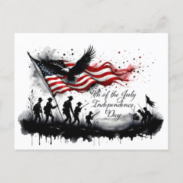 Cartão Postal De Festividades 4 de julho Arte Patriótica com Bandeira e Soldados