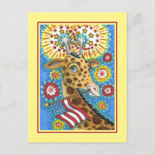 CARTÃO POSTAL DE FESTIVIDADES 4 DE JULHO PATRIÓTICO GIRAFFE E FOGOS DE FOGO