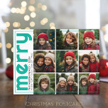 Cartão Postal De Festividades 9 Deslocamento de Fotografias - Feliz Negrito - Te<br><div class="desc">Design FRONT: Uma colagem de 9 fotos em uma grade simples para destacar muitas fotos do ano passado. A grade de fotos está fora do centro com uma borda fina ao redor da placa inteira. Uma busca moderna por um cartão com fotos de feriado com sotaque brilhante e cor aqua...</div>