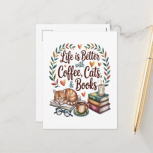 Cartão Postal De Festividades A Vida é Melhor com Café Gatos Livros