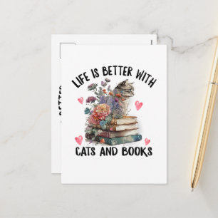 Cartão Postal De Festividades A vida é melhor com gatos e livros Gato engraçado