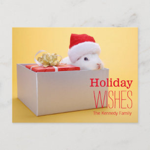 Cartão Postal De Festividades A wrapped gift and a rabbit with Santa