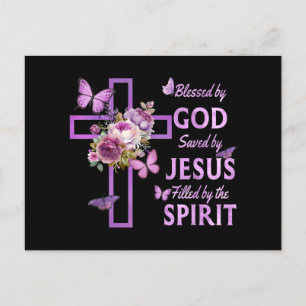 Cartão Postal De Festividades Abençoado por Deus Salvo pela Cruz Floral Purple d