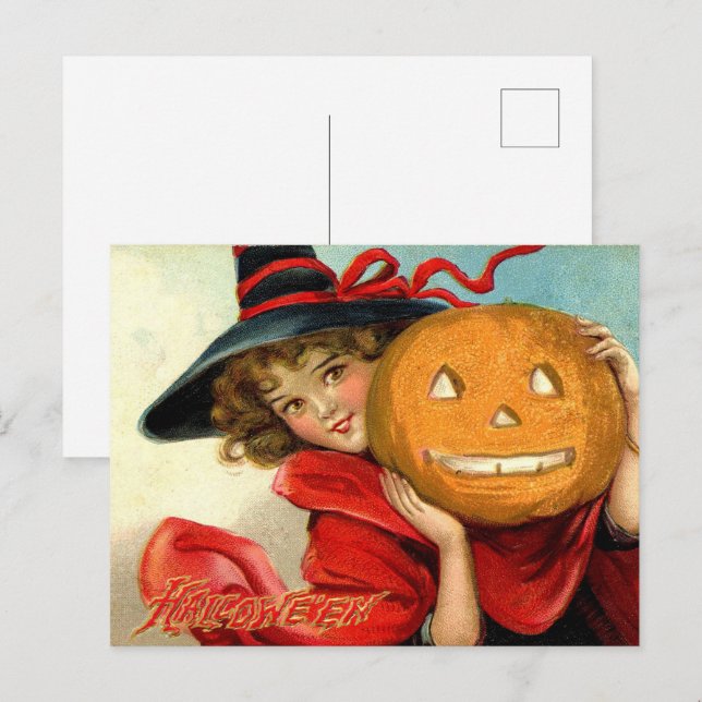 Cartão Postal De Festividades abóbora-bruxa-bruxa-do-Halloween (Frente/Verso)