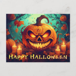 Cartão Postal De Festividades Abóbora com Rosto Assustador Entre Velas, Hallowee