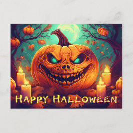 Cartão Postal De Festividades Abóbora com Rosto Assustador Entre Velas, Hallowee