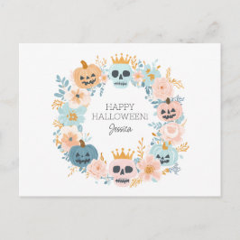 Cartão Postal De Festividades Abóbora de crânio de Halloween personalizada flora