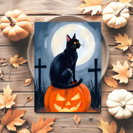 Cartão Postal De Festividades Abóbora de Halloween Gato Preto Pintada